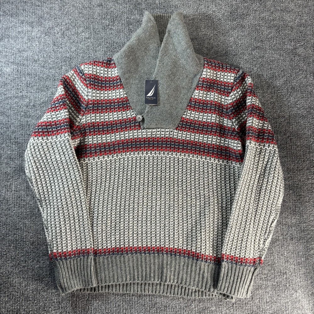 Nautica Sweater Mens Large Gray Stripe Shawl Collar Knit Pullover‎ Heavyweight